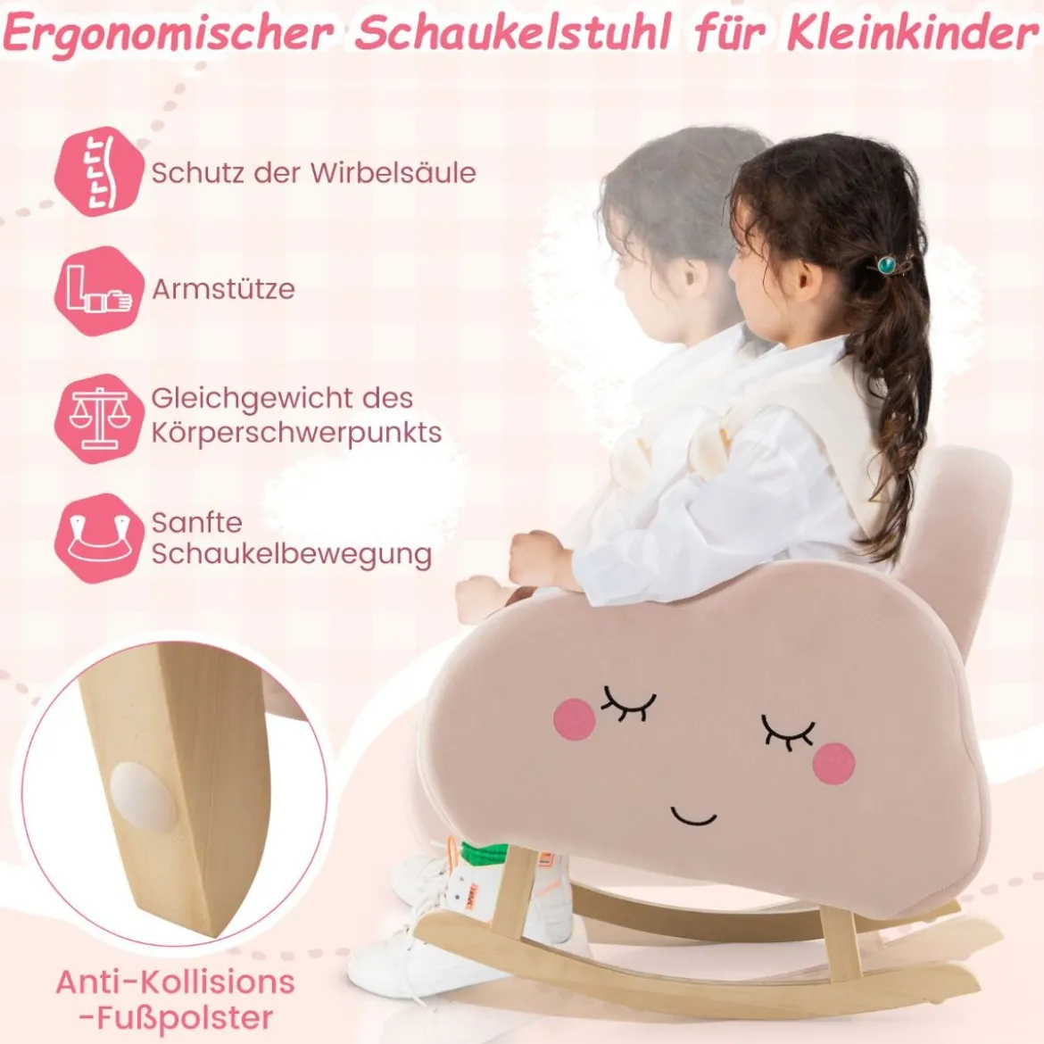 Kindersessel mit Massivholzbeinen Gepolsterter Kindersofa Schaukelstuhl Rosa Wolken
