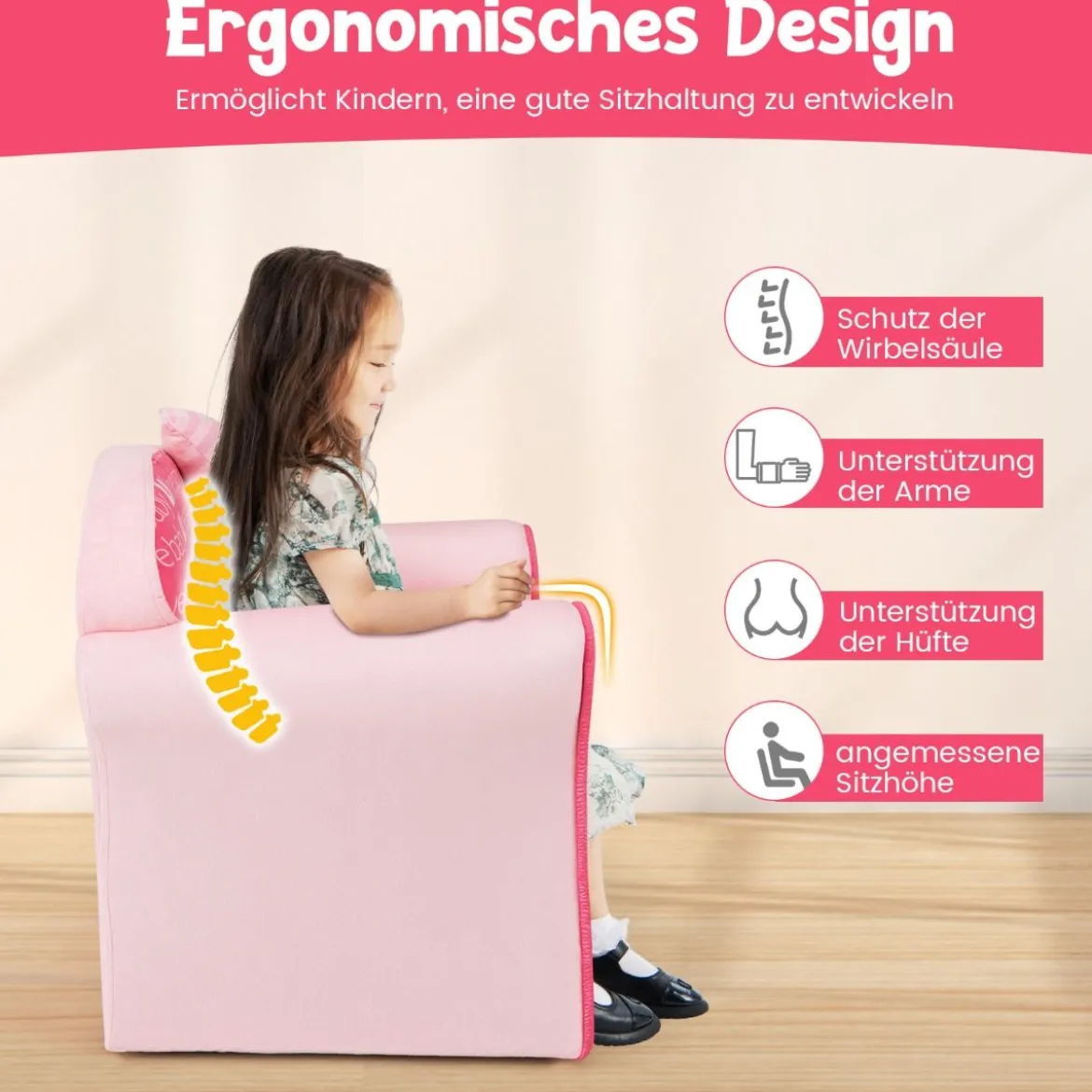 Kindersessel mit Rückenlehne & Armlehnen & Süßen Mustern & Schaumstoff Kindersofa Rosa