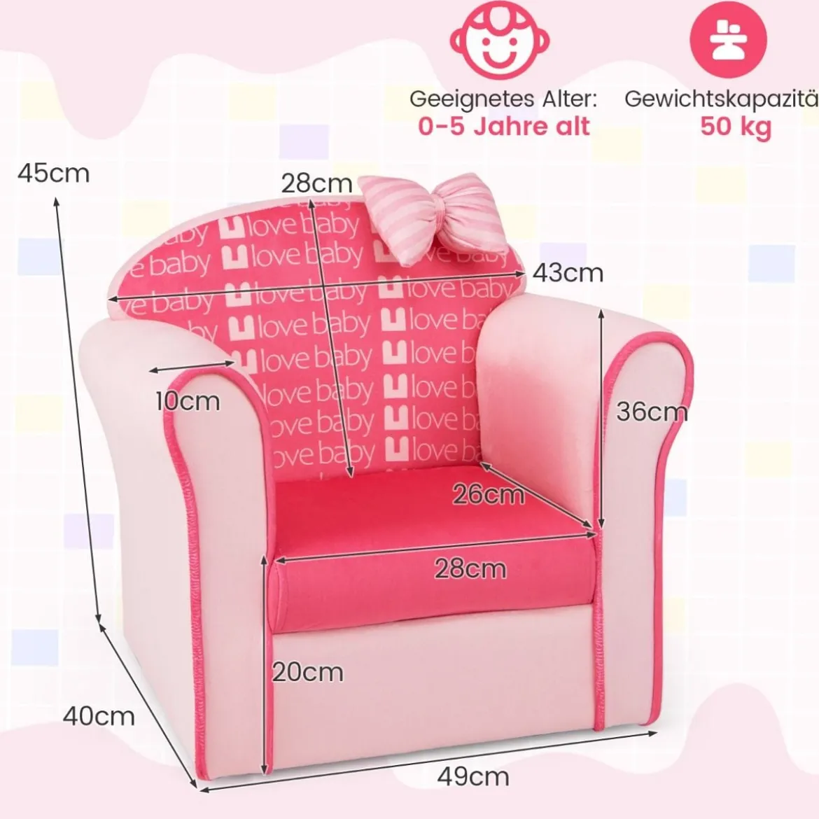 Kindersessel mit Rückenlehne & Armlehnen & Süßen Mustern & Schaumstoff Kindersofa Rosa