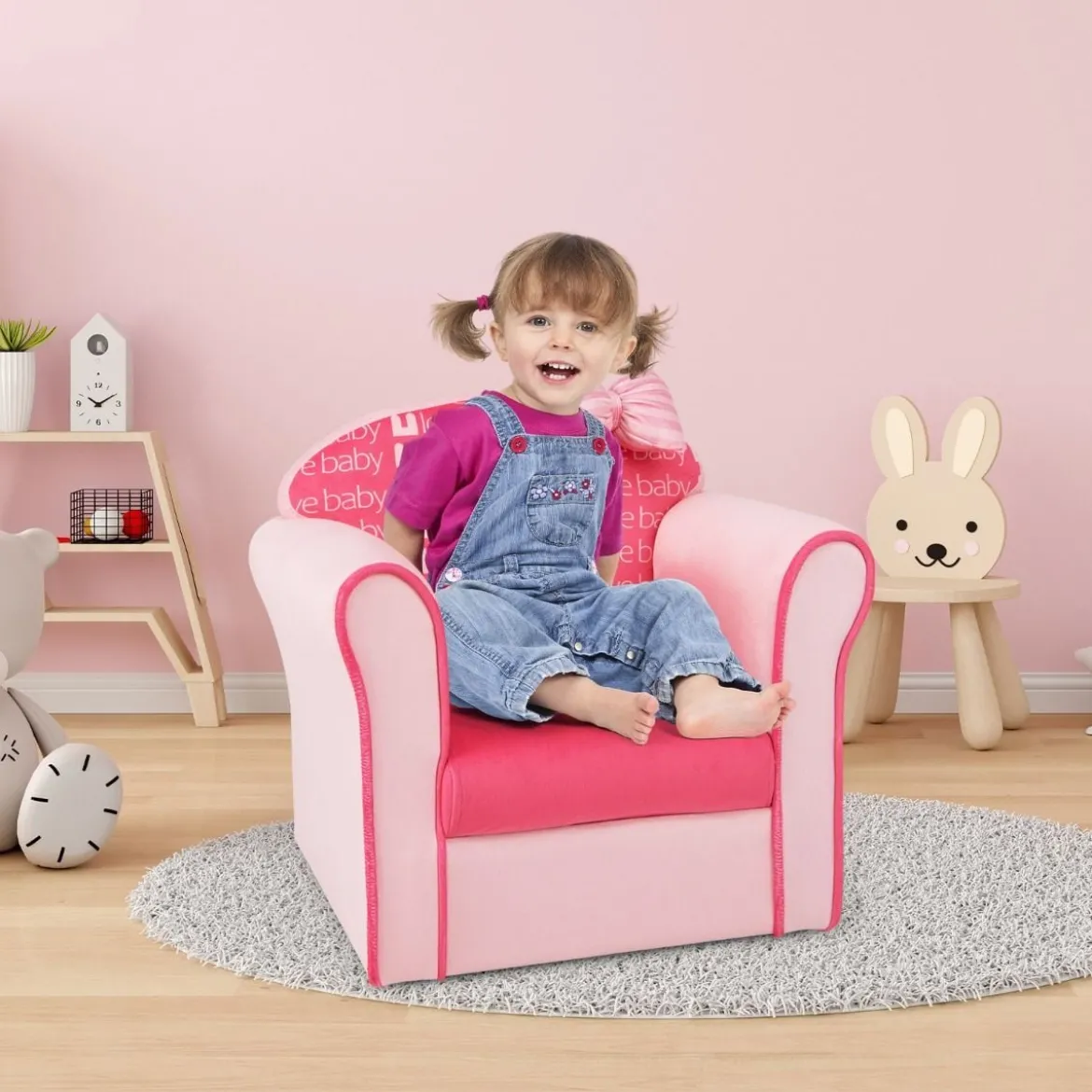 Kindersessel mit Rückenlehne & Armlehnen & Süßen Mustern & Schaumstoff Kindersofa Rosa