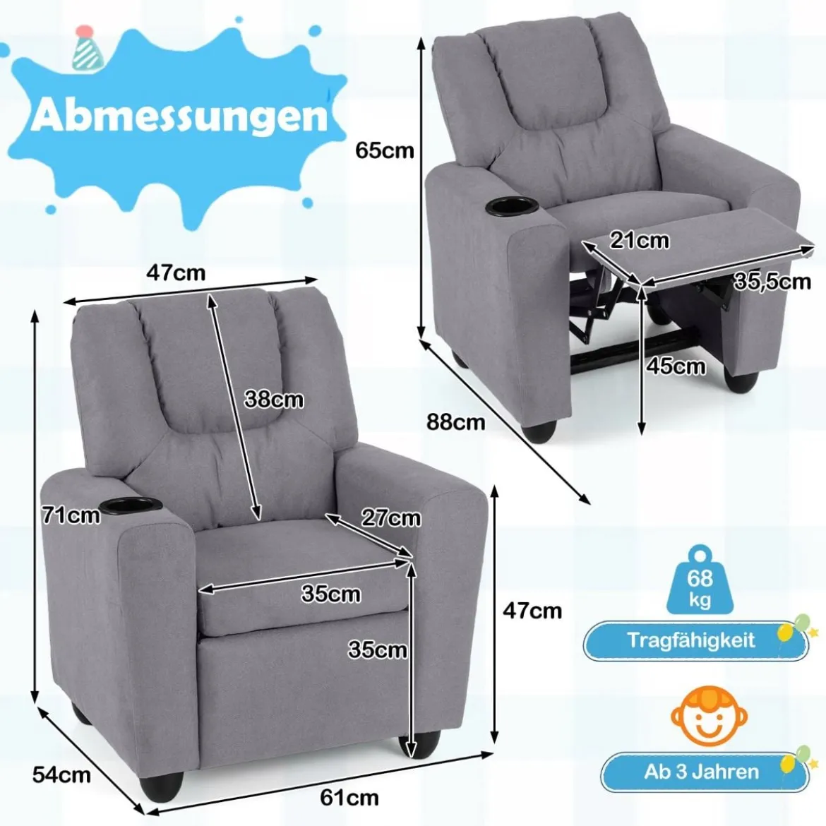 Kindersessel mit Relaxfunktion & Verstellbarer Rückenlehne & Fußstütze Kindersofa Grau