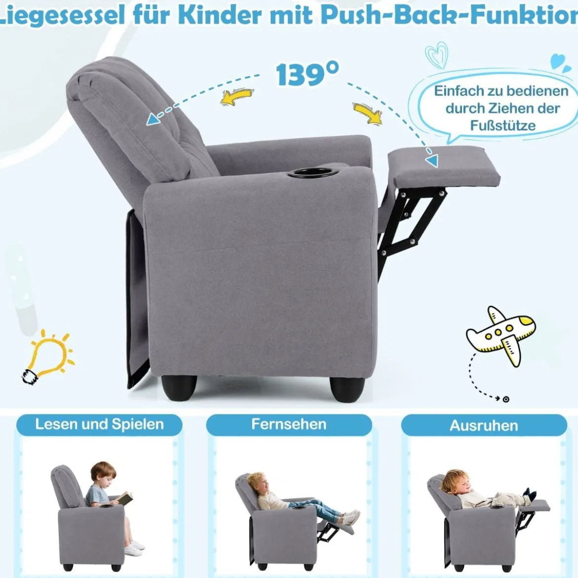Kindersessel mit Relaxfunktion & Verstellbarer Rückenlehne & Fußstütze Kindersofa Grau