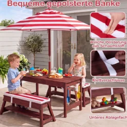 Kindersitzgruppe aus Holz mit Sonnenschirm Kinder Picknicktisch mit 2 Bänke Abnehmbarem Sitzkissen