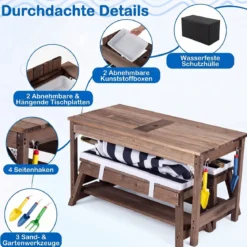 Kindersitzgruppe aus Holz mit Sonnenschirm Kinder Picknicktisch mit 2 Bänke Abnehmbarem Sitzkissen