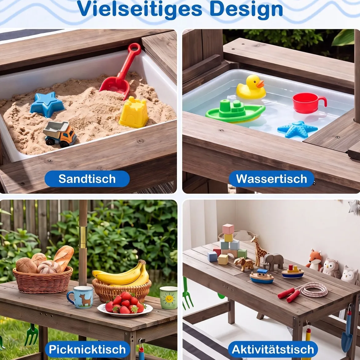 Kindersitzgruppe aus Holz mit Sonnenschirm Kinder Picknicktisch mit 2 Bänke Abnehmbarem Sitzkissen