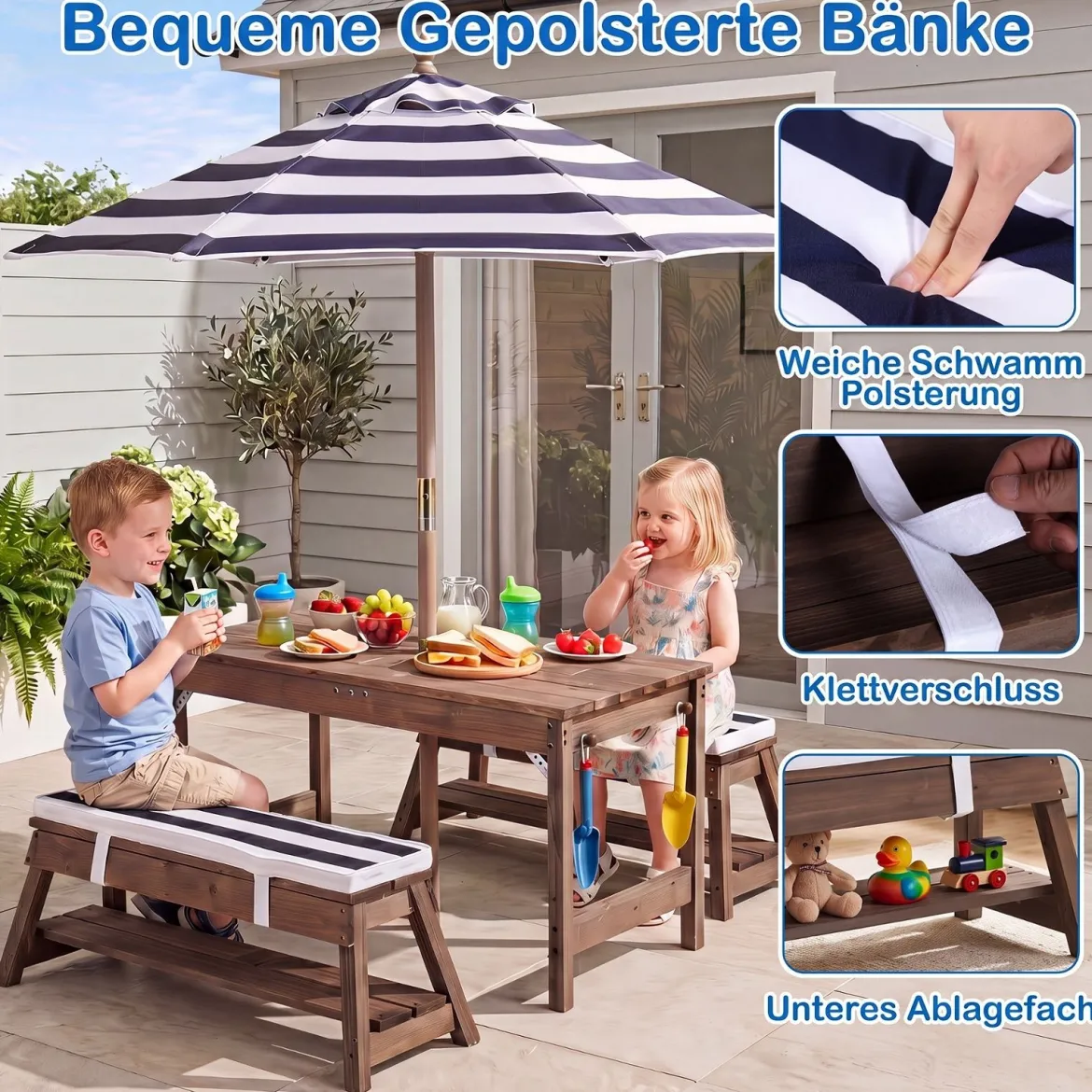 Kindersitzgruppe aus Holz mit Sonnenschirm Kinder Picknicktisch mit 2 Bänke Abnehmbarem Sitzkissen