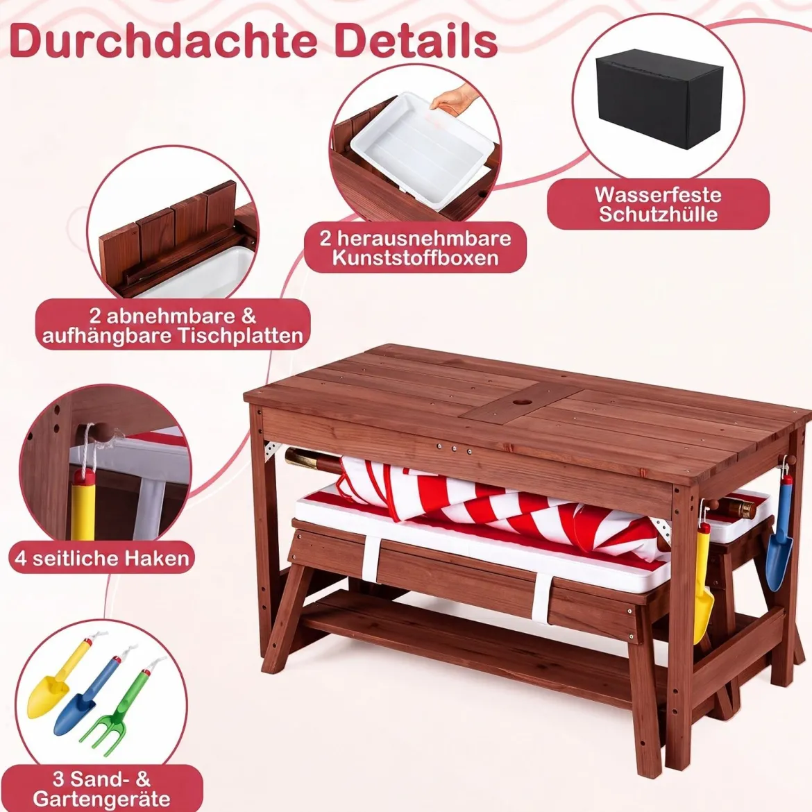 Kindersitzgruppe aus Holz mit Sonnenschirm Kinder Picknicktisch mit 2 Bänke Abnehmbarem Sitzkissen