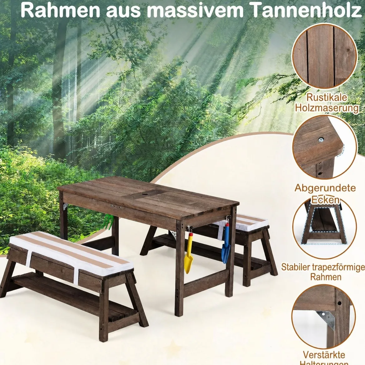 Kindersitzgruppe aus Holz mit Sonnenschirm Kinder Picknicktisch mit 2 Bänke Abnehmbarem Sitzkissen