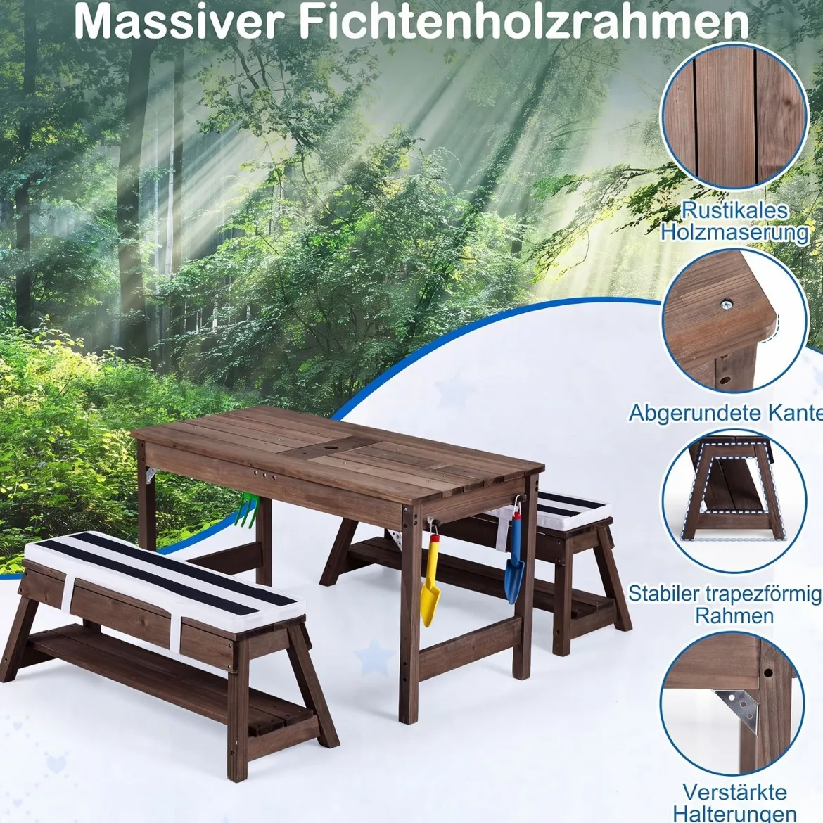 Kindersitzgruppe aus Holz mit Sonnenschirm Kinder Picknicktisch mit 2 Bänke Abnehmbarem Sitzkissen