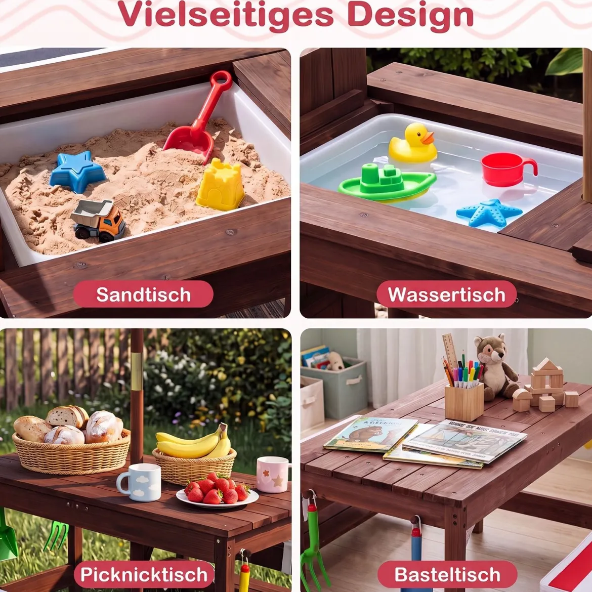 Kindersitzgruppe aus Holz mit Sonnenschirm Kinder Picknicktisch mit 2 Bänke Abnehmbarem Sitzkissen