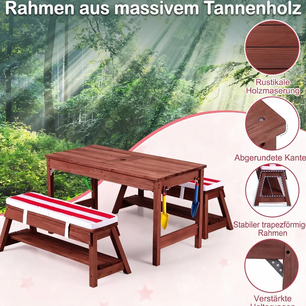 Kindersitzgruppe aus Holz mit Sonnenschirm Kinder Picknicktisch mit 2 Bänke Abnehmbarem Sitzkissen