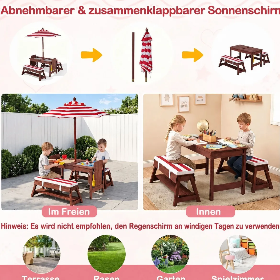 Kindersitzgruppe aus Holz mit Sonnenschirm Kinder Picknicktisch mit 2 Bänke Abnehmbarem Sitzkissen