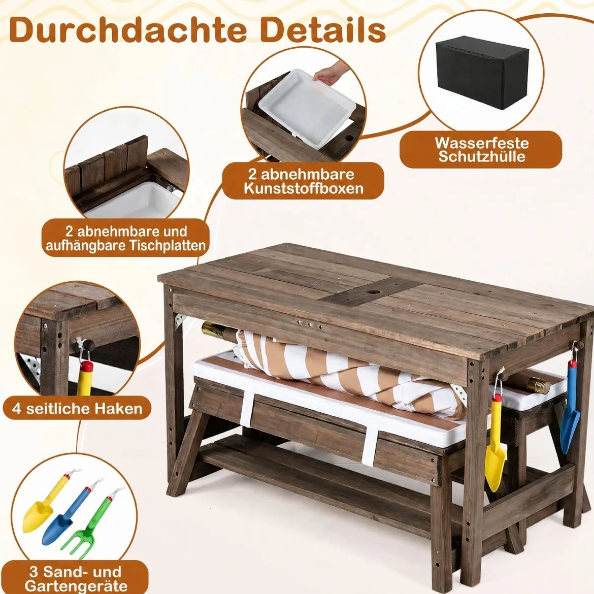 Kindersitzgruppe aus Holz mit Sonnenschirm Kinder Picknicktisch mit 2 Bänke Abnehmbarem Sitzkissen