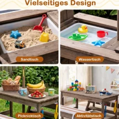 Kindersitzgruppe aus Holz mit Sonnenschirm Kinder Picknicktisch mit 2 Bänke Abnehmbarem Sitzkissen