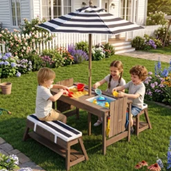 Kindersitzgruppe aus Holz mit Sonnenschirm Kinder Picknicktisch mit 2 Bänke Abnehmbarem Sitzkissen