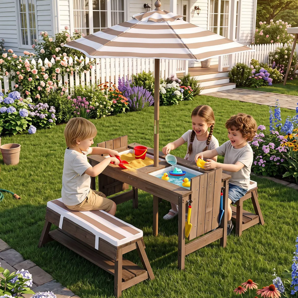 Kindersitzgruppe aus Holz mit Sonnenschirm Kinder Picknicktisch mit 2 Bänke Abnehmbarem Sitzkissen