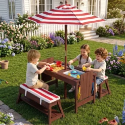 Kindersitzgruppe aus Holz mit Sonnenschirm Kinder Picknicktisch mit 2 Bänke Abnehmbarem Sitzkissen