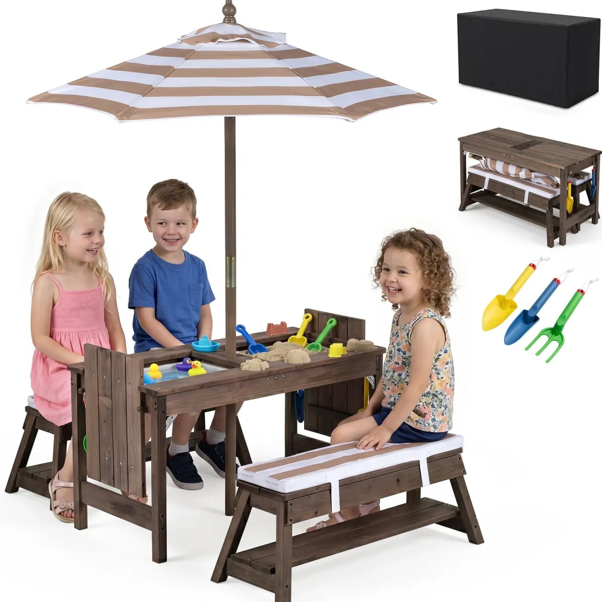 Kindersitzgruppe aus Holz mit Sonnenschirm Kinder Picknicktisch mit 2 Bänke Abnehmbarem Sitzkissen