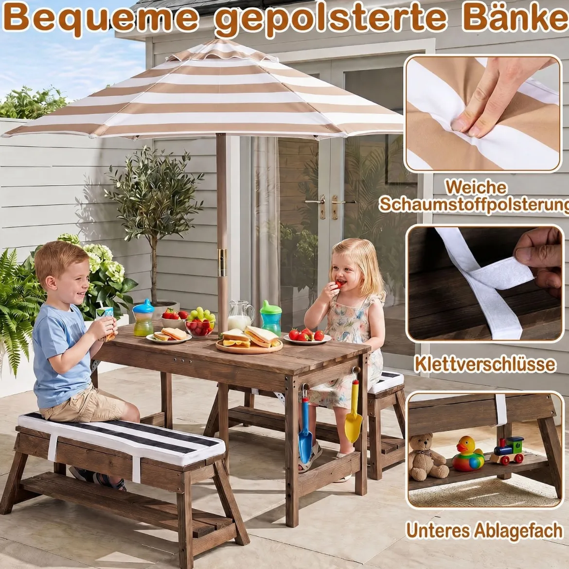 Kindersitzgruppe aus Holz mit Sonnenschirm Kinder Picknicktisch mit 2 Bänke Abnehmbarem Sitzkissen
