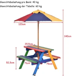 Kinder Sitzgruppe aus Holz Sitzgarnitur Gartengarnitur Kindermöbel Kindertisch mit Sonnenschirm & 2 Bänken für Außen