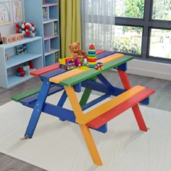 Kinder Sitzgruppe aus Holz Sitzgarnitur Gartengarnitur Kindermöbel Kindertisch mit Sonnenschirm & 2 Bänken für Außen