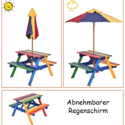 Kinder Sitzgruppe aus Holz Sitzgarnitur Gartengarnitur Kindermöbel Kindertisch mit Sonnenschirm & 2 Bänken für Außen