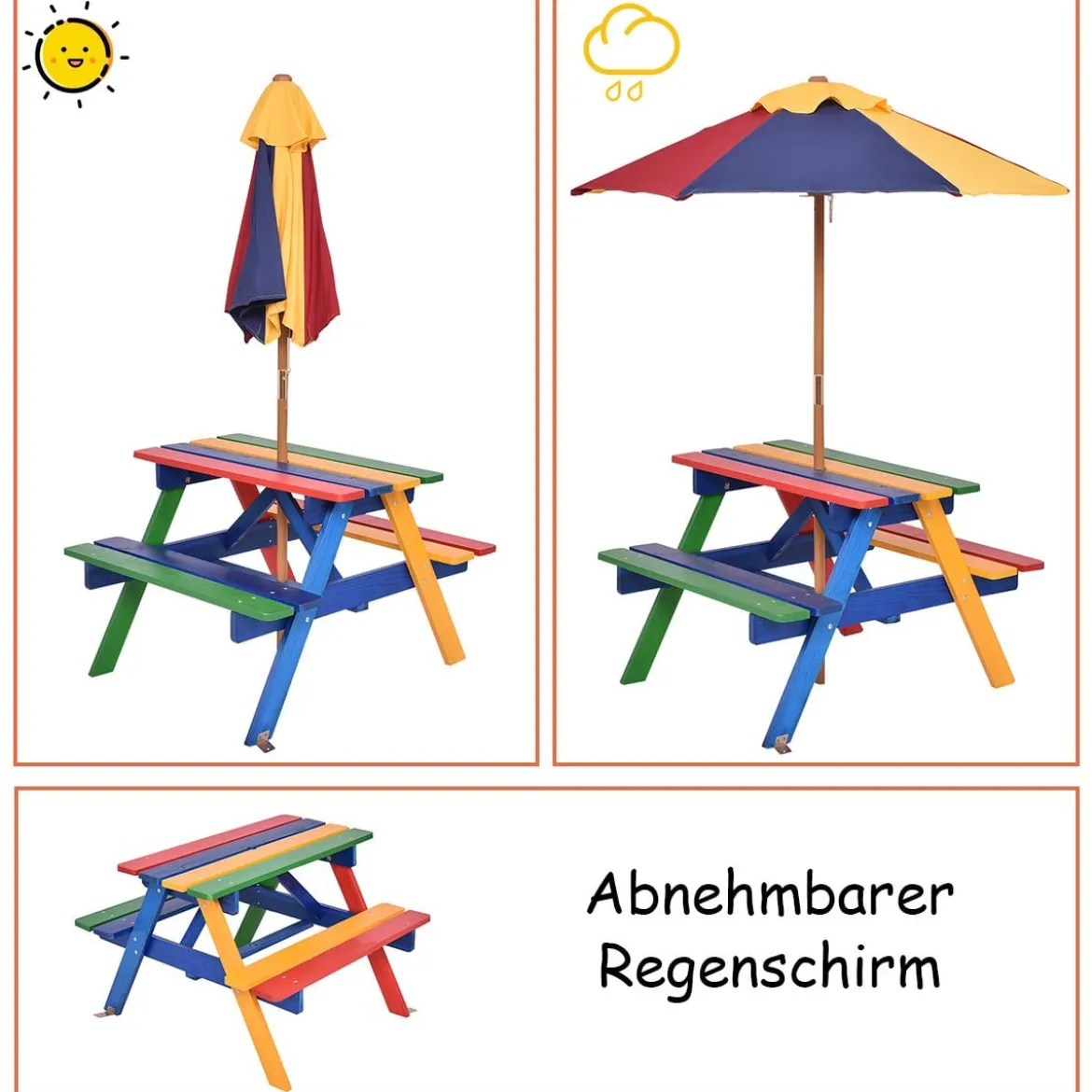 Kinder Sitzgruppe aus Holz Sitzgarnitur Gartengarnitur Kindermöbel Kindertisch mit Sonnenschirm & 2 Bänken für Außen