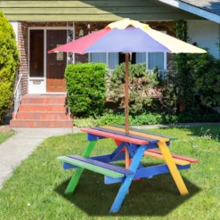 Kinder Sitzgruppe aus Holz Sitzgarnitur Gartengarnitur Kindermöbel Kindertisch mit Sonnenschirm & 2 Bänken für Außen