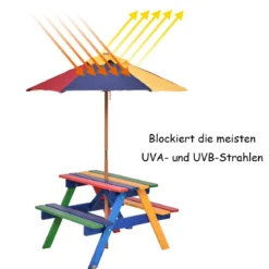 Kinder Sitzgruppe aus Holz Sitzgarnitur Gartengarnitur Kindermöbel Kindertisch mit Sonnenschirm & 2 Bänken für Außen
