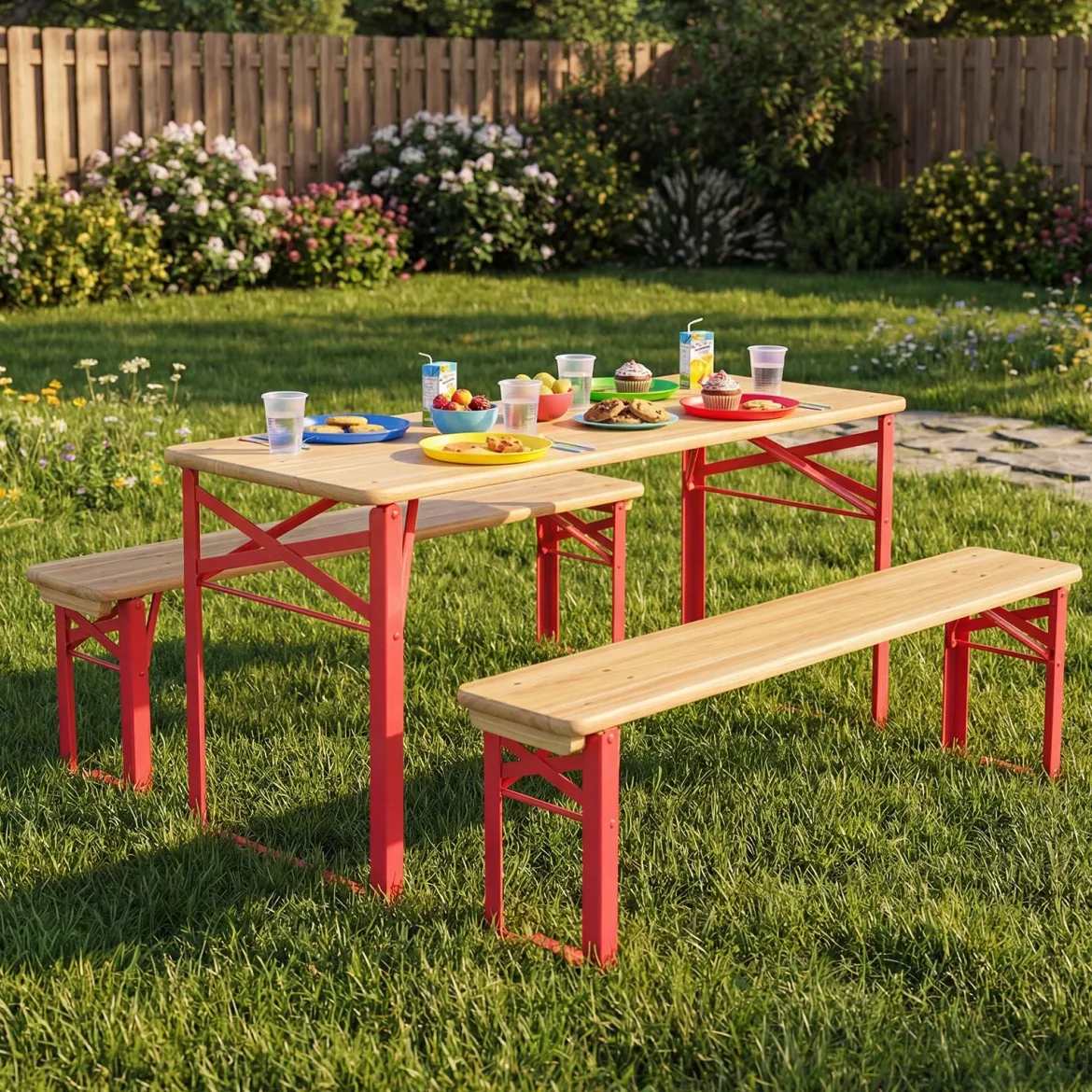 Kindersitzgruppe Faltbare Sitzgruppe mit Picknicktisch & 2 Kinderbänken Kindertisch & Sitzbank