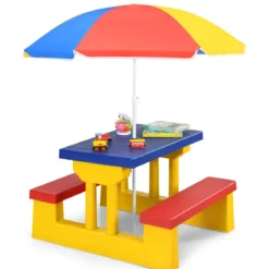 Kinder Sitzgruppe Kindertisch Picknickbank mit Sonnenschirm
