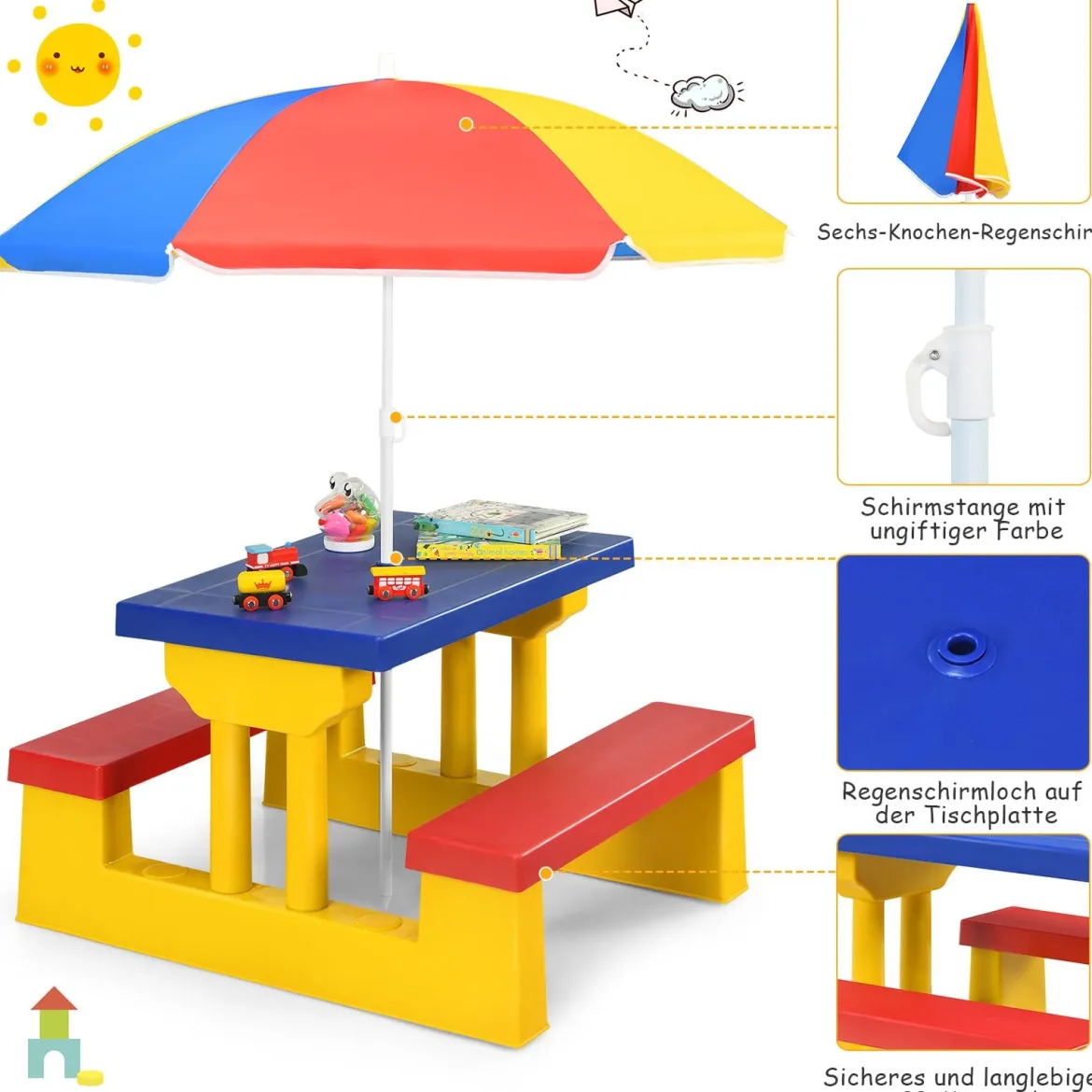 Kinder Sitzgruppe Kindertisch Picknickbank mit Sonnenschirm