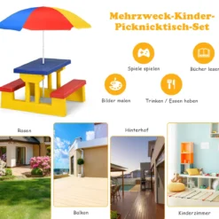 Kinder Sitzgruppe Kindertisch Picknickbank mit Sonnenschirm