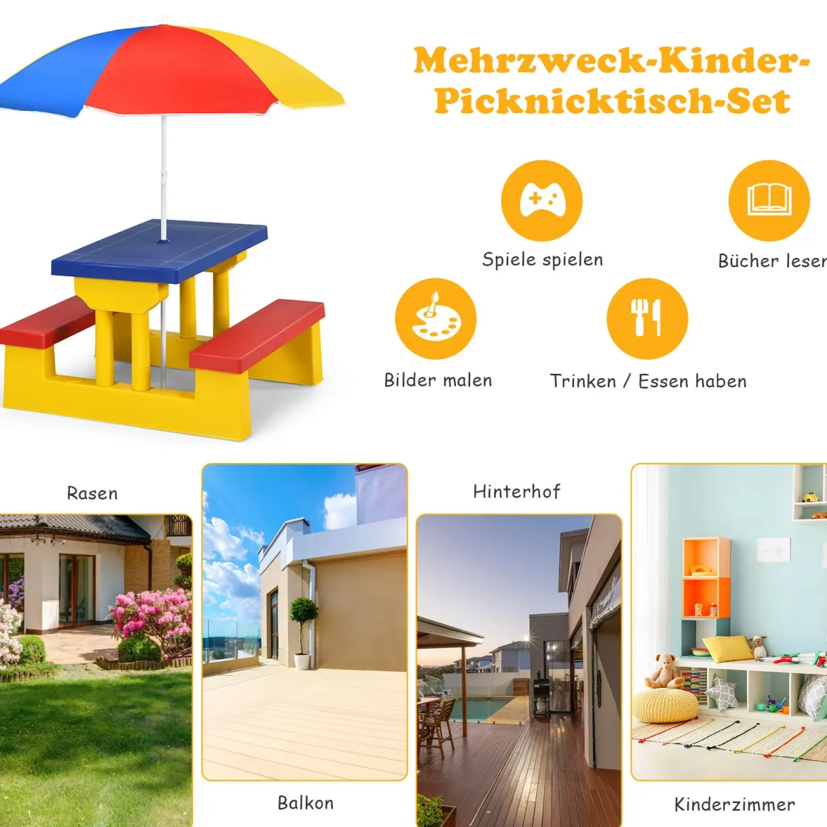 Kinder Sitzgruppe Kindertisch Picknickbank mit Sonnenschirm