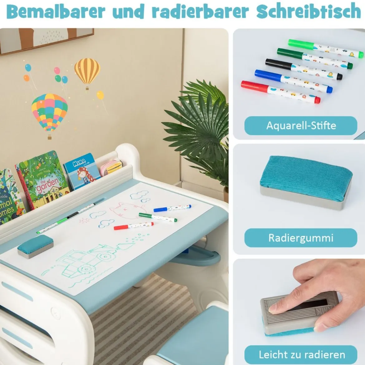 Kinder Sitzgruppe mit Höhen- & Neigungsverstellbarer Tischplatte Zeichentisch Blau