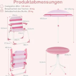 Kindersitzgruppe mit Höhenverstellbarem Sonnenschirm 4 TLG. Kindersitzgarnitur mit Tisch & 2 Klappstühlen