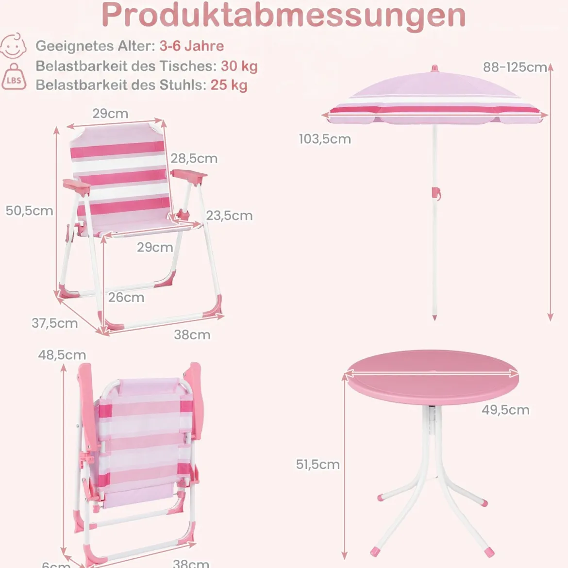 Kindersitzgruppe mit Höhenverstellbarem Sonnenschirm 4 TLG. Kindersitzgarnitur mit Tisch & 2 Klappstühlen