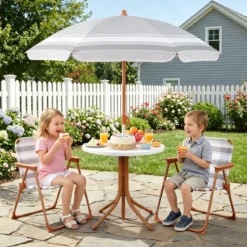 Kindersitzgruppe mit Höhenverstellbarem Sonnenschirm 4 TLG. Kindersitzgarnitur mit Tisch & 2 Klappstühlen