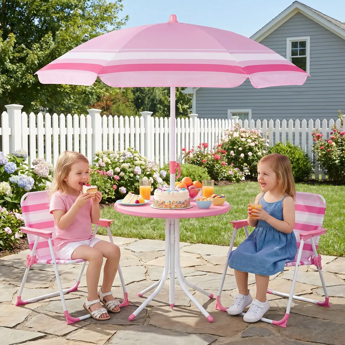 Kindersitzgruppe mit Höhenverstellbarem Sonnenschirm 4 TLG. Kindersitzgarnitur mit Tisch & 2 Klappstühlen