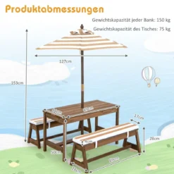Kindersitzgruppe mit Sonnenschirm & Sitzbänken & Kissen Picknicktisch Kindersitzgarnitur aus Holz