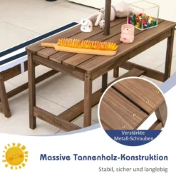 Kindersitzgruppe mit Sonnenschirm & Sitzbänken & Kissen Picknicktisch Kindersitzgarnitur aus Holz