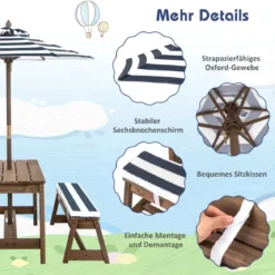 Kindersitzgruppe mit Sonnenschirm & Sitzbänken & Kissen Picknicktisch Kindersitzgarnitur aus Holz
