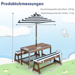 Kindersitzgruppe mit Sonnenschirm & Sitzbänken & Kissen Picknicktisch Kindersitzgarnitur aus Holz
