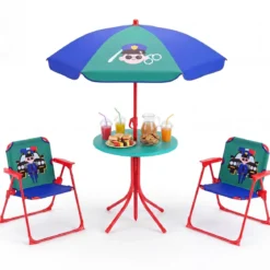 Kindersitzgruppe mit Sonnenschirm 4-Teilige Kindersitzgarnitur mit Tisch und 2 Klappstühlen Blau & Grün