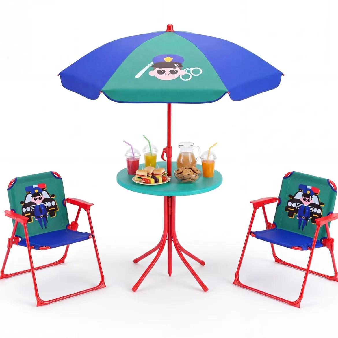Kindersitzgruppe mit Sonnenschirm 4-Teilige Kindersitzgarnitur mit Tisch und 2 Klappstühlen Blau & Grün