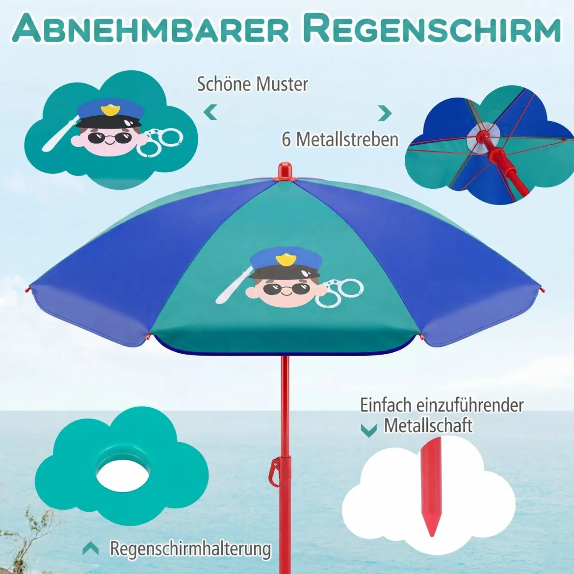 Kindersitzgruppe mit Sonnenschirm 4-Teilige Kindersitzgarnitur mit Tisch und 2 Klappstühlen Blau & Grün