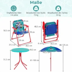 Kindersitzgruppe mit Sonnenschirm 4-Teilige Kindersitzgarnitur mit Tisch und 2 Klappstühlen Blau & Grün