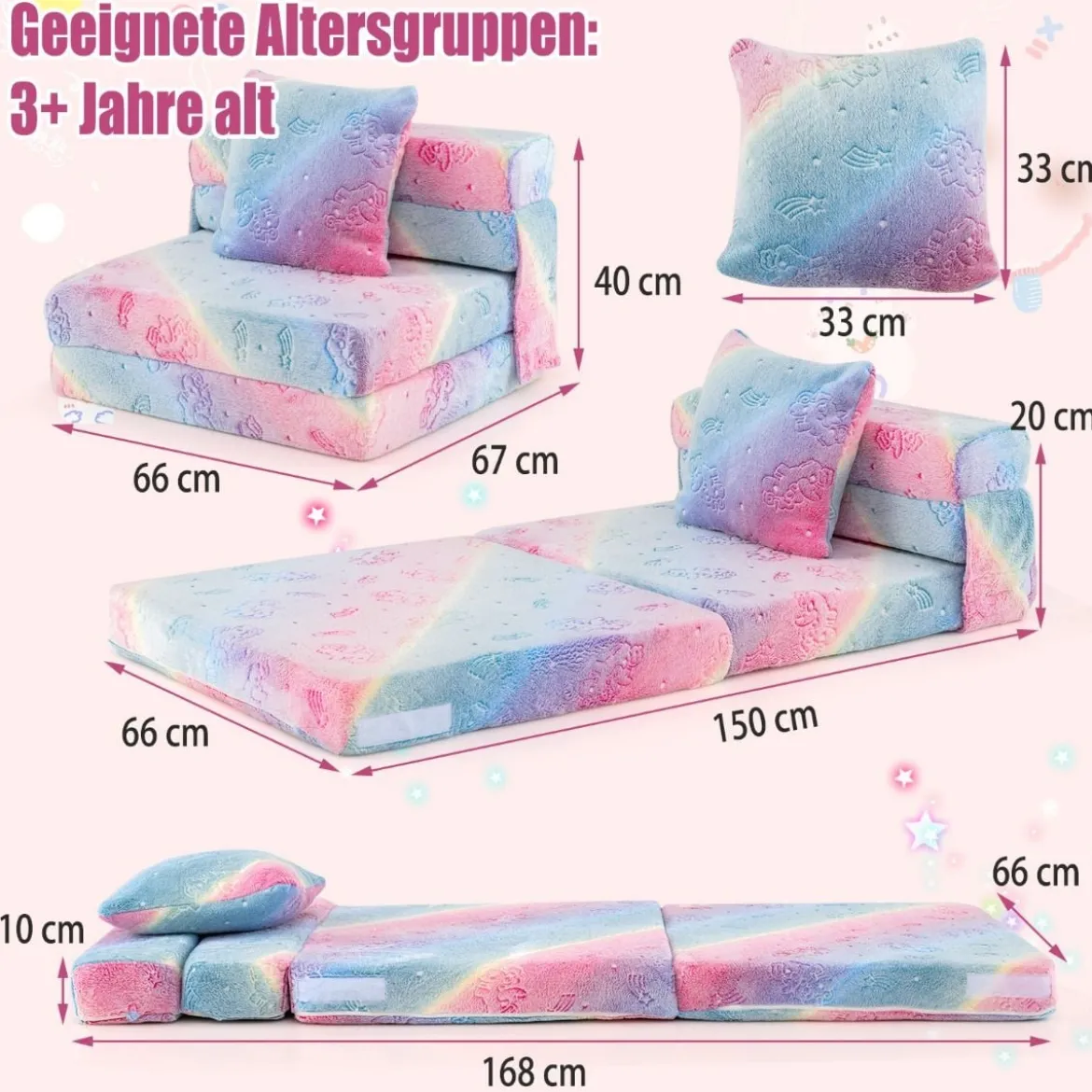 Kindersofa aufklappbar mit Kissen 4 in 1 Spielsofa im Dunkeln Leuchtend Klappsofa Kindersessel Mehrfarbig