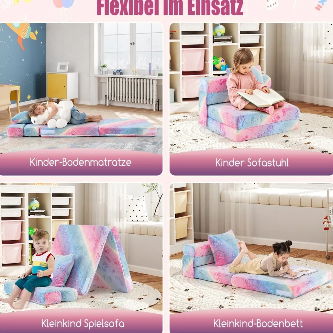 Kindersofa aufklappbar mit Kissen 4 in 1 Spielsofa im Dunkeln Leuchtend Klappsofa Kindersessel Mehrfarbig