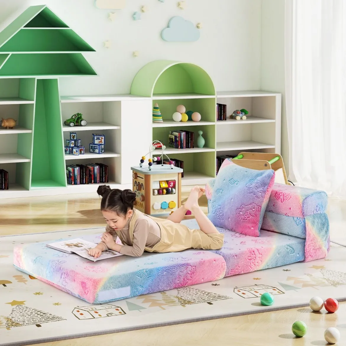 Kindersofa aufklappbar mit Kissen 4 in 1 Spielsofa im Dunkeln Leuchtend Klappsofa Kindersessel Mehrfarbig